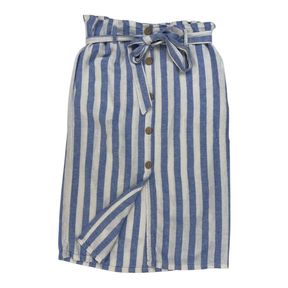 Love Tree Linen L Striped Midi Skirt Blue White Paperbag Waist Nautical Beachy - Picture 2 of 12
